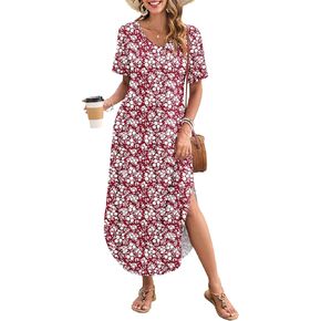 MOLERANI Women's Summer Maxi Dress 2025 Short Sleeve V Neck Casual Loose Sundress Long Beach Split Dresses with Pockets in Saudi Arabia