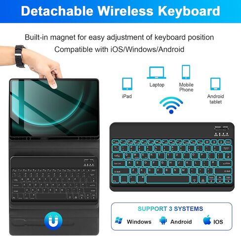 SOPPY 7 Colors Backlit Keyboard Case with Mouse for 12.4" Samsung Galaxy Tab S7 FE/S7 Plus/S8 Plus/S9 FE Plus/S9 Plus/S10+, Wireless Keyboard with Case & Pen Holder for Samsung Tab 12.4 Inch, Purple in Kuwait