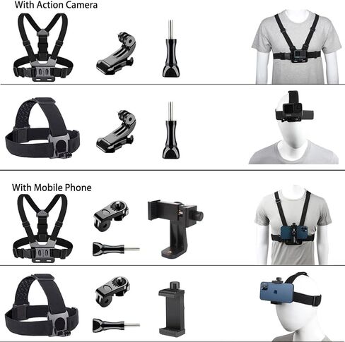 Chest Mount Strap Harness Head Strap Mount, Quick Release Chesty Body Mount with Phone Clip, Head Strap + Chest Strap Compatible with Action Camera/Smartphones in Saudi Arabia