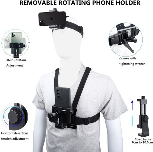 Chest Mount Strap Harness Head Strap Mount, Quick Release Chesty Body Mount with Phone Clip, Head Strap + Chest Strap Compatible with Action Camera/Smartphones in Saudi Arabia