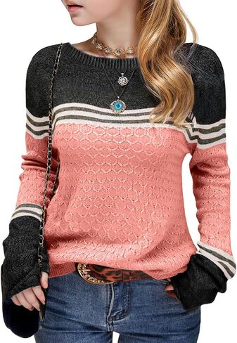 Girls Fall Winter Fashion Sweaters Long Sleeve Round Neck Color Block Striped Casual Loose Lightweight Spring Cozy Tops in Saudi Arabia