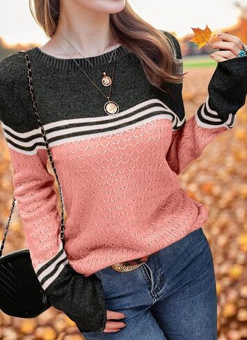Girls Fall Winter Fashion Sweaters Long Sleeve Round Neck Color Block Striped Casual Loose Lightweight Spring Cozy Tops in Saudi Arabia