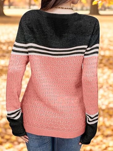 Girls Fall Winter Fashion Sweaters Long Sleeve Round Neck Color Block Striped Casual Loose Lightweight Spring Cozy Tops in Saudi Arabia