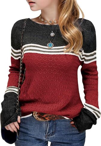 Girls Fall Winter Fashion Sweaters Long Sleeve Round Neck Color Block Striped Casual Loose Lightweight Spring Cozy Tops in Saudi Arabia