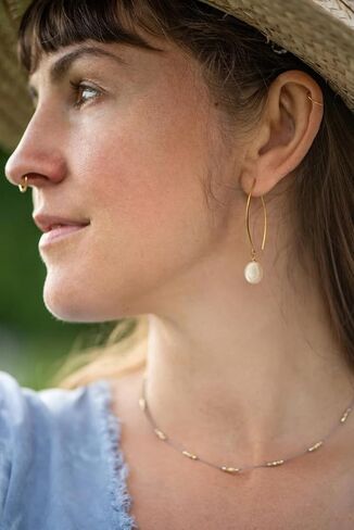 Aobei Pearl Raw Turquoise/Shell Pearl Drop Dangle Earrings 18K Gold Long Hook Wire Threader Earrings for Women Bohemian Ear Jewelry Gift for Her in Kuwait
