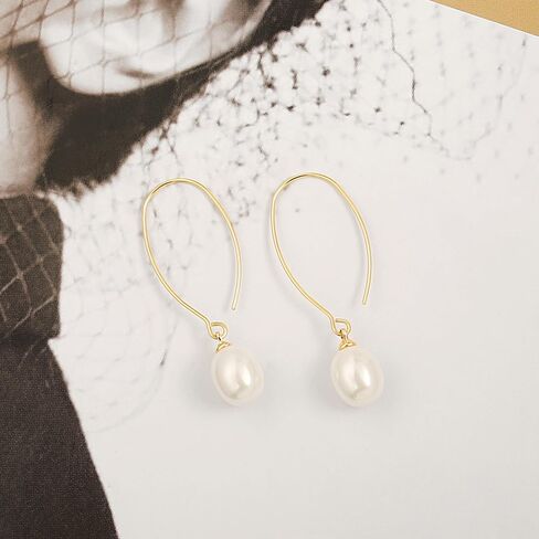 Aobei Pearl Raw Turquoise/Shell Pearl Drop Dangle Earrings 18K Gold Long Hook Wire Threader Earrings for Women Bohemian Ear Jewelry Gift for Her in Kuwait