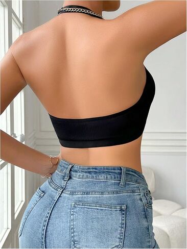 OYOANGLE Women's Lace Trim Front Closure Bralette Halter Neck Wireless Backless Knitted Casual Everyday Bras in Saudi Arabia