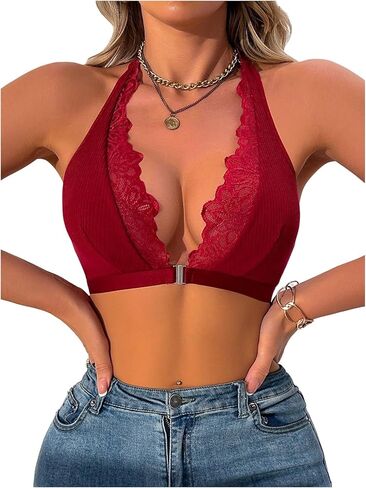 OYOANGLE Women's Lace Trim Front Closure Bralette Halter Neck Wireless Backless Knitted Casual Everyday Bras in Saudi Arabia