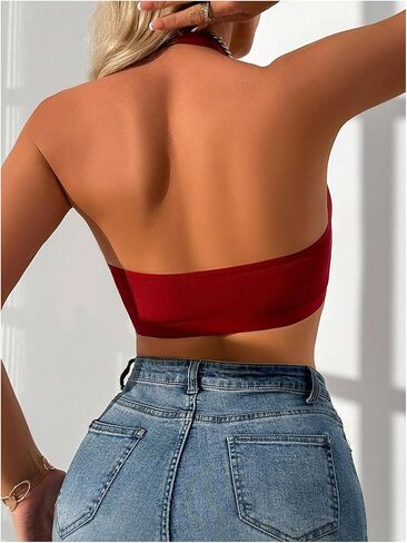 OYOANGLE Women's Lace Trim Front Closure Bralette Halter Neck Wireless Backless Knitted Casual Everyday Bras in Saudi Arabia
