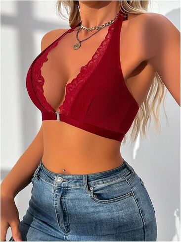 OYOANGLE Women's Lace Trim Front Closure Bralette Halter Neck Wireless Backless Knitted Casual Everyday Bras in Saudi Arabia
