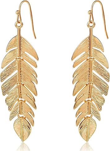 coadipress Bohemian Leaf Earrings for Women Simple Fashion Handmade Boho Long Hanging Gold Silver Rose Gold Tone Feather Dangle Drop Statement Earrings Jewelry Gifts in Saudi Arabia