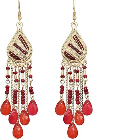 Coadipress Long Bohemian Drop Dangle أقراط للنساء Retro Colorful Tassel Drop Accound Arrings Bededed Tassel Condring Boho المجوهرات الأنيقة in Saudi Arabia