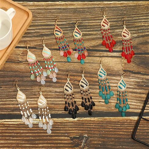 Coadipress Long Bohemian Drop Dangle أقراط للنساء Retro Colorful Tassel Drop Accound Arrings Bededed Tassel Condring Boho المجوهرات الأنيقة in Saudi Arabia