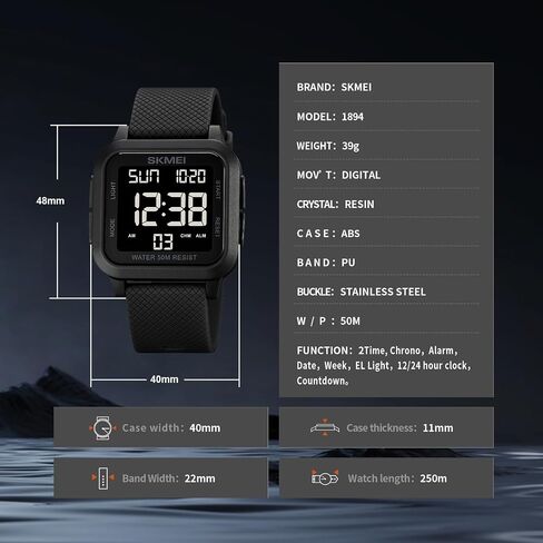 Skmei Men Digital Sports Watch Ultra-shin wach watch watch watch for men with stalptwatch countdown timer timer function dual time led light light in Kuwait
