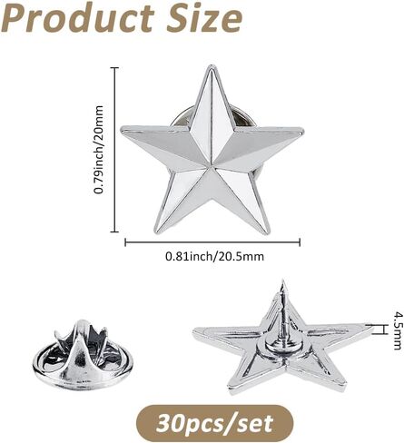 Superfindings 30pcs Star Badge Lapel Pin 0.78inch/20mm جائزة العسكرية دبابيس دبابيس Pentagram سبيكة بروش يوم الظهر الدبوس للرجال للرجال زخارف أزياء يوم العمل in Saudi Arabia