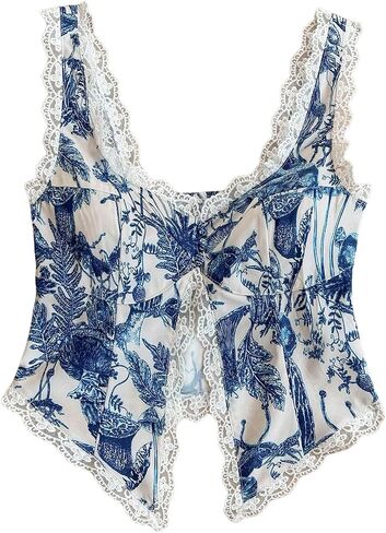 Milumia Women's Boho Floral Print Lace Trim Tank Top Sleeveless Slit Asymmetrical Hem Tops in Saudi Arabia