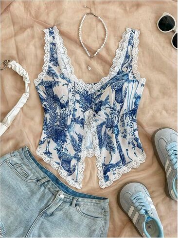 Milumia Women's Boho Floral Print Lace Trim Tank Top Sleeveless Slit Asymmetrical Hem Tops in Saudi Arabia