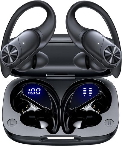 PocBuds Bluetooth Headphones Wireless Earbuds 80hrs Playtime Wireless Charging Case Digital Display Sports Ear Buds with Earhook Deep Bass IPX7 Waterproof Over-Ear Earphones for TV Phone Laptop Blue in Kuwait