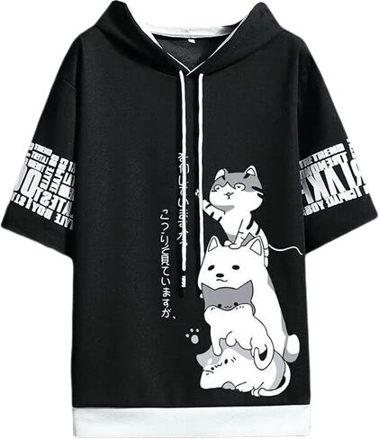 Men Women Y2K Hoodie T-Shirt, Japanese Kawaii Cute Anime Short Sleeve Aesthetic Top Tshirts Streetwear Summer in Saudi Arabia