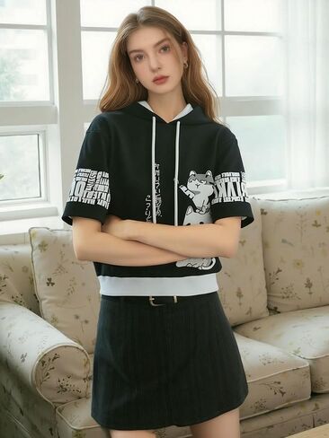 Men Women Y2K Hoodie T-Shirt, Japanese Kawaii Cute Anime Short Sleeve Aesthetic Top Tshirts Streetwear Summer in Saudi Arabia