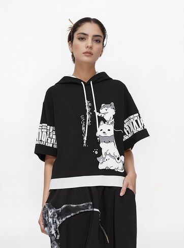 Men Women Y2K Hoodie T-Shirt, Japanese Kawaii Cute Anime Short Sleeve Aesthetic Top Tshirts Streetwear Summer in Saudi Arabia