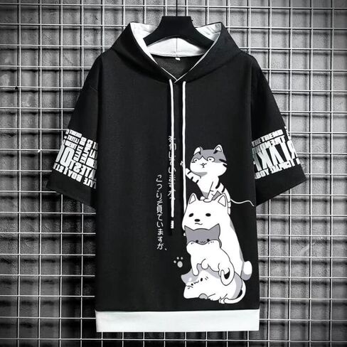 Men Women Y2K Hoodie T-Shirt, Japanese Kawaii Cute Anime Short Sleeve Aesthetic Top Tshirts Streetwear Summer in Saudi Arabia