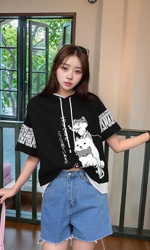 Men Women Y2K Hoodie T-Shirt, Japanese Kawaii Cute Anime Short Sleeve Aesthetic Top Tshirts Streetwear Summer in Saudi Arabia