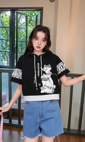 Men Women Y2K Hoodie T-Shirt, Japanese Kawaii Cute Anime Short Sleeve Aesthetic Top Tshirts Streetwear Summer in Saudi Arabia