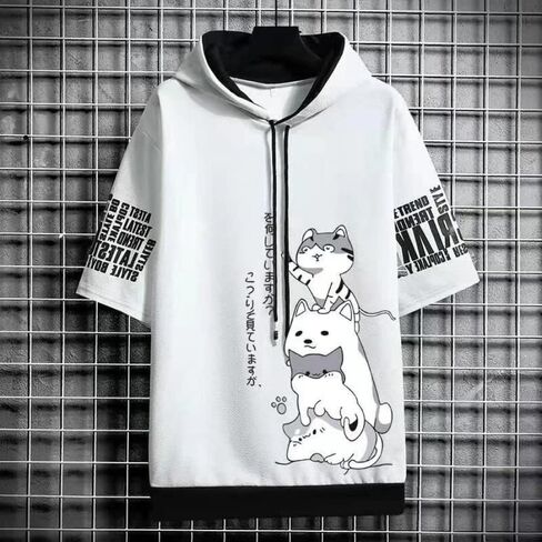 Men Women Y2K Hoodie T-Shirt, Japanese Kawaii Cute Anime Short Sleeve Aesthetic Top Tshirts Streetwear Summer in Saudi Arabia