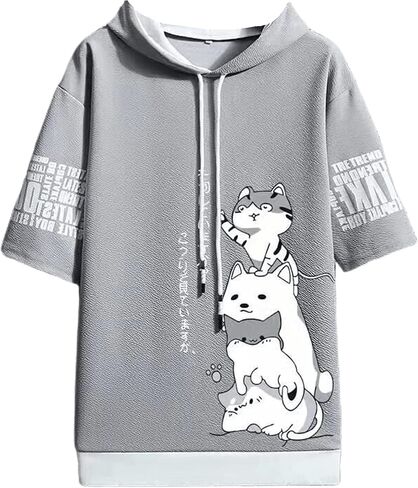 Men Women Y2K Hoodie T-Shirt, Japanese Kawaii Cute Anime Short Sleeve Aesthetic Top Tshirts Streetwear Summer in Saudi Arabia