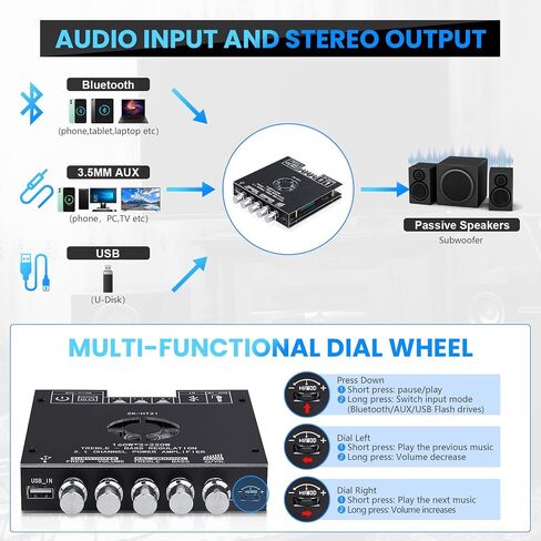 ZK-1002L 200W Audio Power Amplifier Board with Bluetooth and AUX Inputs, 2.0 Channel Stereo Mini Power Amplifier Receiver Module for Home DIY Speakers System, DC 5-24V in Saudi Arabia