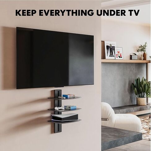 Fitueyes 2 طبقات عائمة الأرفف للجدار تحت تلفزيون DVD الرف رفوف جدار التثبيت تمسك حتى 22 رطل الزجاج المقسى ل PS4 و Xbox و Game Console و Cable Box Black in Kuwait