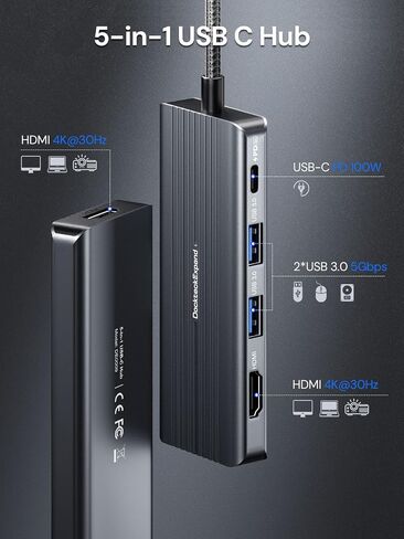 HDMI to USB, DockteckExpand 5-in-1 USB C Hub with Dual HDMI 4K@30Hz, 2 USB 3.0 Ports, 100W PD Charging – Compatible with MacBook, Dell, Chromebook & More in Kuwait