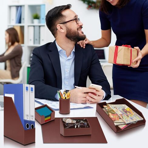 Office Supplies PU Leather 6-Piece Set Desk Organizer,Include Writing Pad,Letter Tray,file folder Sorter/Magazine Holder,Pen Cup,Note Holder,Business Card Holder,Man/Woman Office Gift,Black in Kuwait