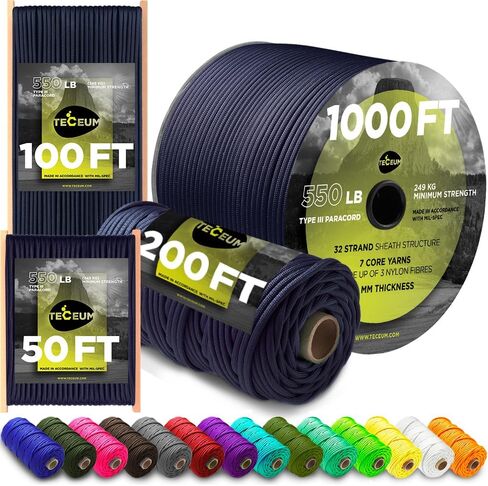 TECEUM Paracord Type III 550 Blue Oil – 50 ft – 4mm – Tactical Rope MIL-SPEC – Outdoor para Cord –Camping Hiking Fishing Gear and Equipment – EDC Parachute Cord – Strong Survival Rope 420 n2 in Kuwait