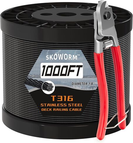 1200FT T316 Black Stainless Steel Cable Railing with Cutter, 1/8 Deck Railing Cable, Aircraft Wire Rope, Cable Railing Wire for Marine, 7x7 Stainless Wire Rope Uncoated Cable Insulated in Kuwait