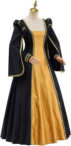 Women's Renaissance Costume Tudor Queen Elizabeth Cosplay Dress Gold Baroque Damask Layered Ball Gown in Saudi Arabia
