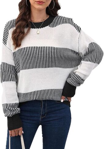 Mywinway Striped Sweater Women Fall Winter Long Sleeve Color Block Knit Cute Pullover Tops in Kuwait