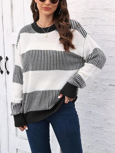 Mywinway Striped Sweater Women Fall Winter Long Sleeve Color Block Knit Cute Pullover Tops in Kuwait