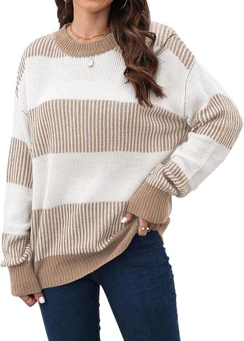 Mywinway Striped Sweater Women Fall Winter Long Sleeve Color Block Knit Cute Pullover Tops in Kuwait
