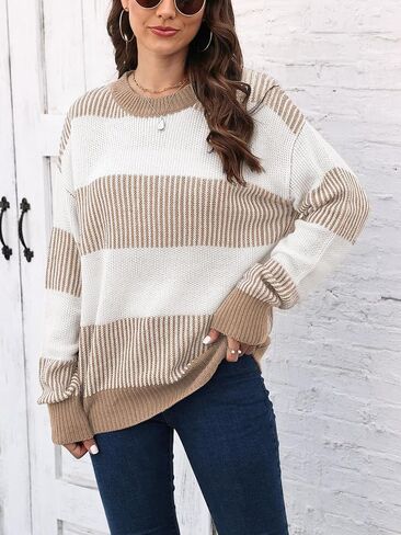 Mywinway Striped Sweater Women Fall Winter Long Sleeve Color Block Knit Cute Pullover Tops in Kuwait