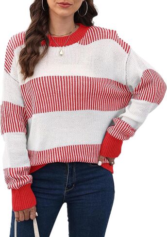 Mywinway Striped Sweater Women Fall Winter Long Sleeve Color Block Knit Cute Pullover Tops in Kuwait
