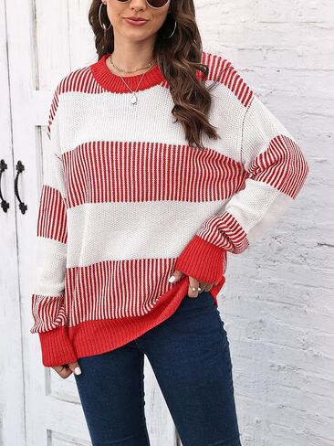 Mywinway Striped Sweater Women Fall Winter Long Sleeve Color Block Knit Cute Pullover Tops in Kuwait