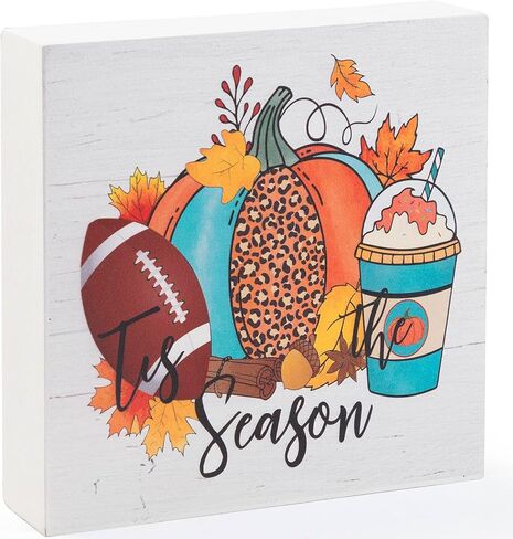 Fall Decorations for Home Office, Rustic Tis' the Season Pumpkin Wood Box Sign Desk Decor, Autumn Harvest Thanksgiving Tabletop Counter Shelf Square Sign Gifts 6 x 6 Inches in Kuwait