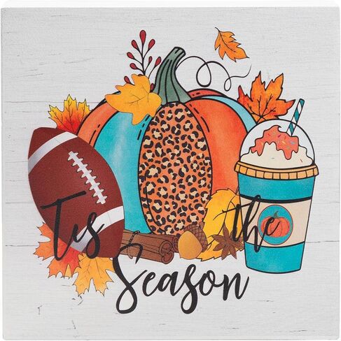 Fall Decorations for Home Office, Rustic Tis' the Season Pumpkin Wood Box Sign Desk Decor, Autumn Harvest Thanksgiving Tabletop Counter Shelf Square Sign Gifts 6 x 6 Inches in Kuwait