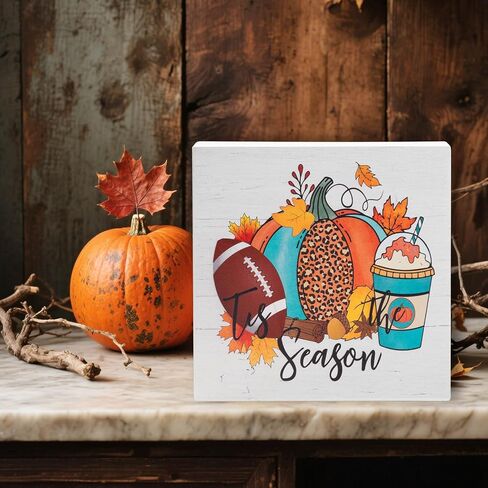 Fall Decorations for Home Office, Rustic Tis' the Season Pumpkin Wood Box Sign Desk Decor, Autumn Harvest Thanksgiving Tabletop Counter Shelf Square Sign Gifts 6 x 6 Inches in Kuwait