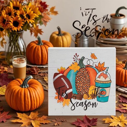 Fall Decorations for Home Office, Rustic Tis' the Season Pumpkin Wood Box Sign Desk Decor, Autumn Harvest Thanksgiving Tabletop Counter Shelf Square Sign Gifts 6 x 6 Inches in Kuwait