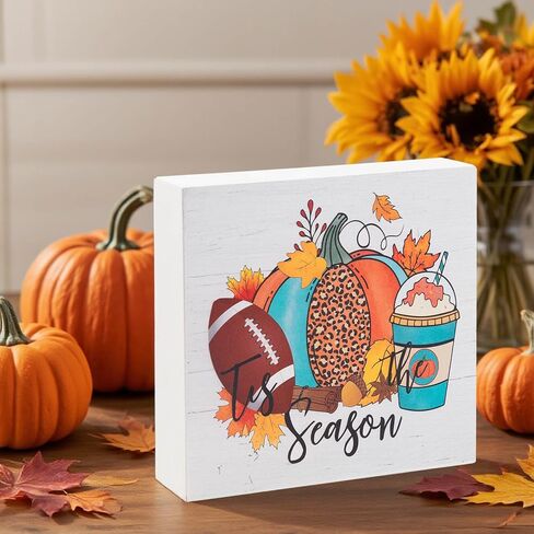 Fall Decorations for Home Office, Rustic Tis' the Season Pumpkin Wood Box Sign Desk Decor, Autumn Harvest Thanksgiving Tabletop Counter Shelf Square Sign Gifts 6 x 6 Inches in Kuwait