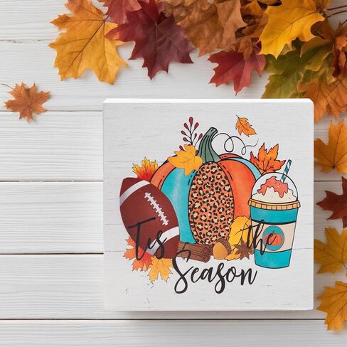 Fall Decorations for Home Office, Rustic Tis' the Season Pumpkin Wood Box Sign Desk Decor, Autumn Harvest Thanksgiving Tabletop Counter Shelf Square Sign Gifts 6 x 6 Inches in Kuwait