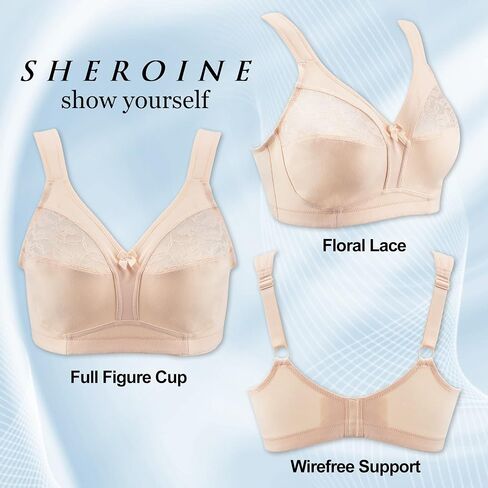 sheroine Women's Cotton Lace Full Figure Bra Plus Size Wirefree Ultrathin Soft Unpadded Support Bras in Kuwait